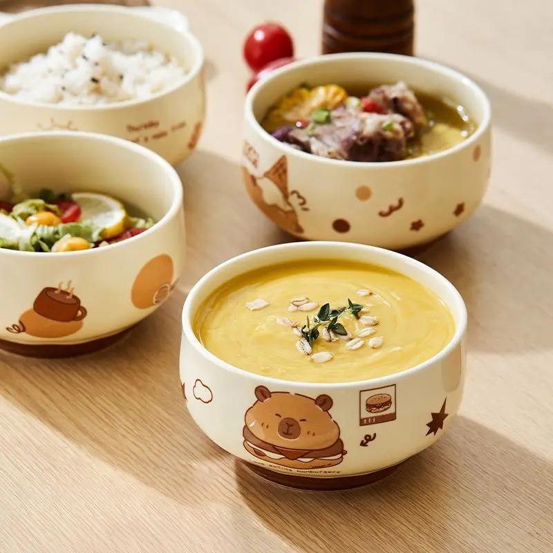 4 Pcs Cute Kapibala Ceramic Bowl Cartoon Anti-scald Soup Bowl Home Kitchen Noodle Ramen Tableware Bowl