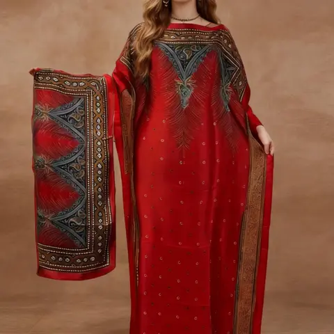 2026 New Women's 2 Piece Luxury Gold Brocade Print Kaftan Maxi Dress with Matching Scarf, Silky Loose Pleated Robe, Plus Size Friendly, Beach Cover Up, Resort Vacation & Evening Party Wear
