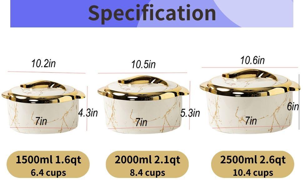 Luxury 3-Piece 2.6/2.1/1.6qt Thermal Casserole Dish Set with Lids, Insulated Stainless Steel Container for Hot & Cold Food, Serving Bowl for Buffets/Parties-Marble White