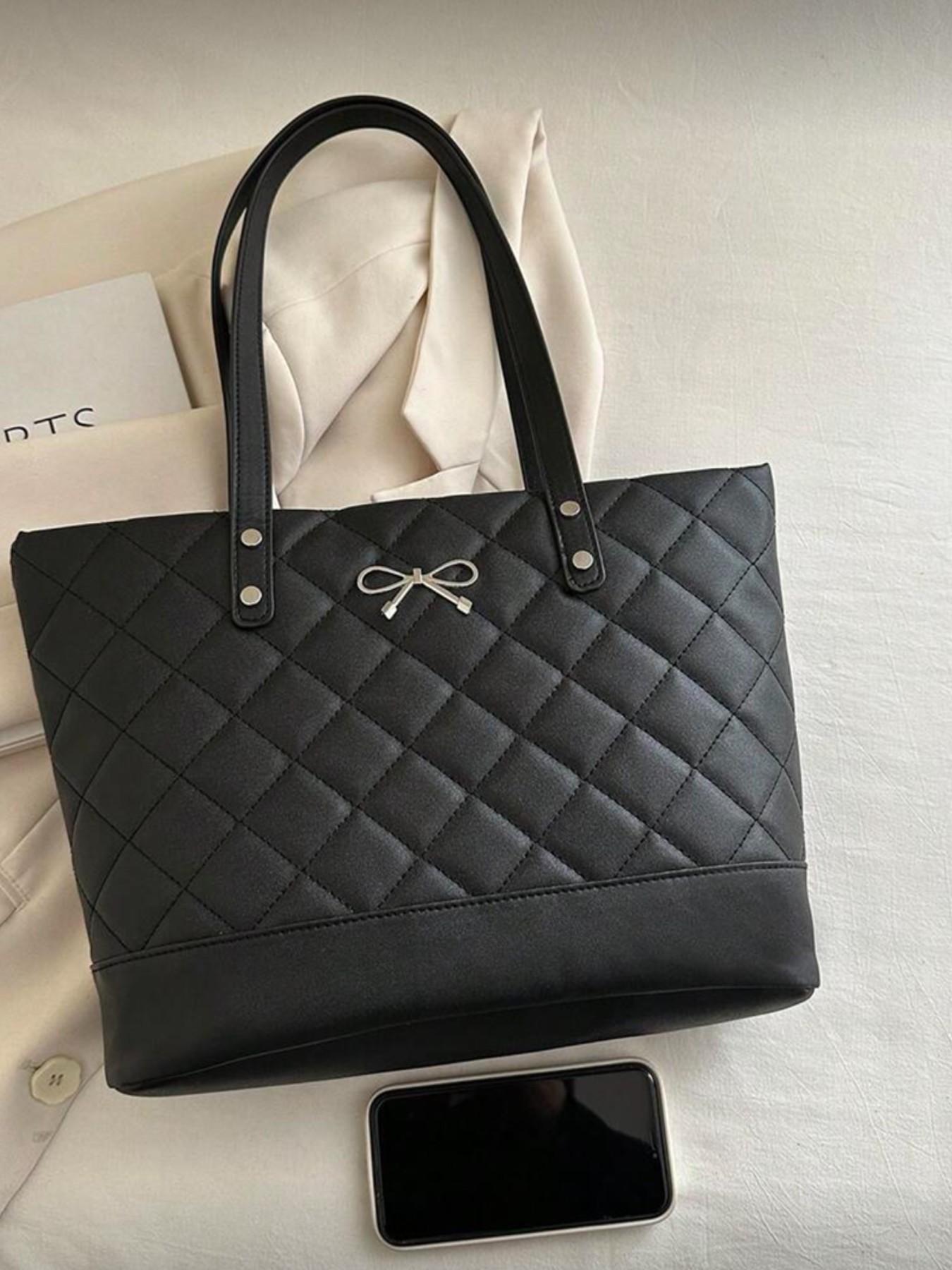 Large Capacity Diamond Pattern Solid Color Bow Handbag, Casual Simple Fashion Tote Bag, Quilted Work Bags, 2026 New Women's Stylish Bow Wallet