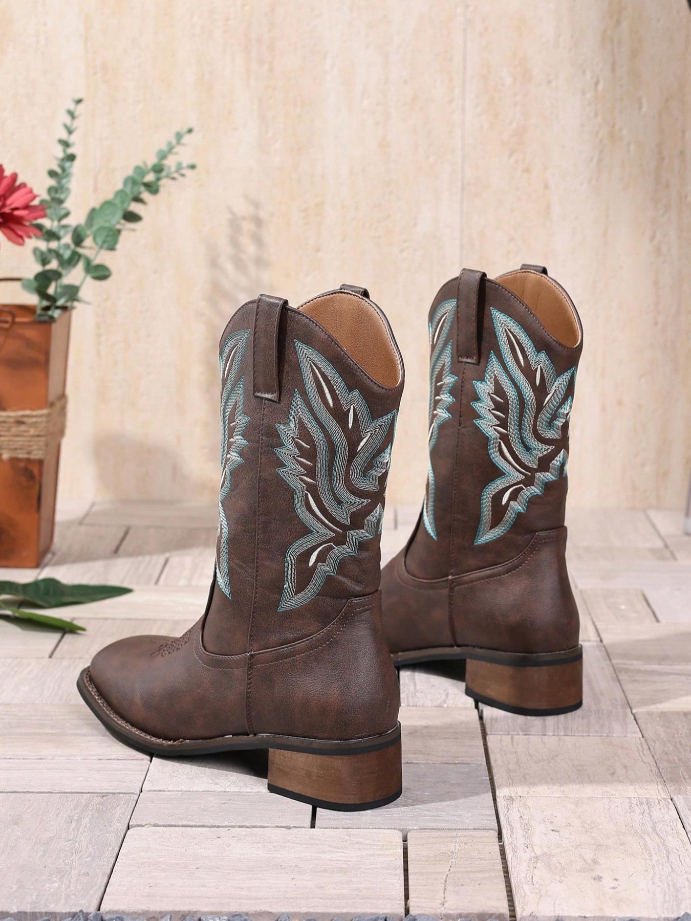 Women's Coffee Embroidered Square Toe Cowboy Boots, Mid-Calf Western Boot, Slip-On, Thick Heel, Ethnic Style, Winter Footwear