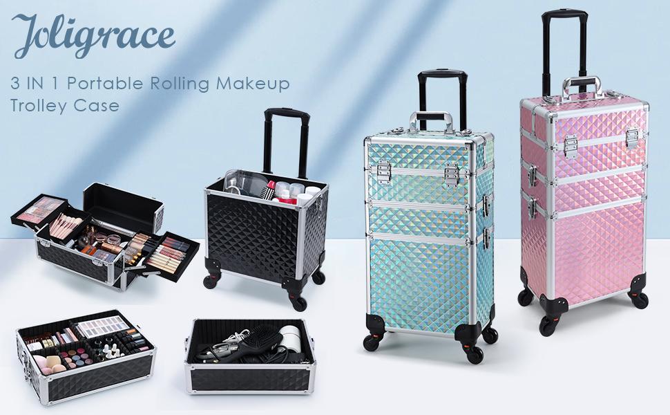 3 in 1 Rolling Makeup Train Case Large Cosmetic Trolley Salon Barber Case for Make Up Hairstylists Nail Tech Aluminum Makeup Trolley Case