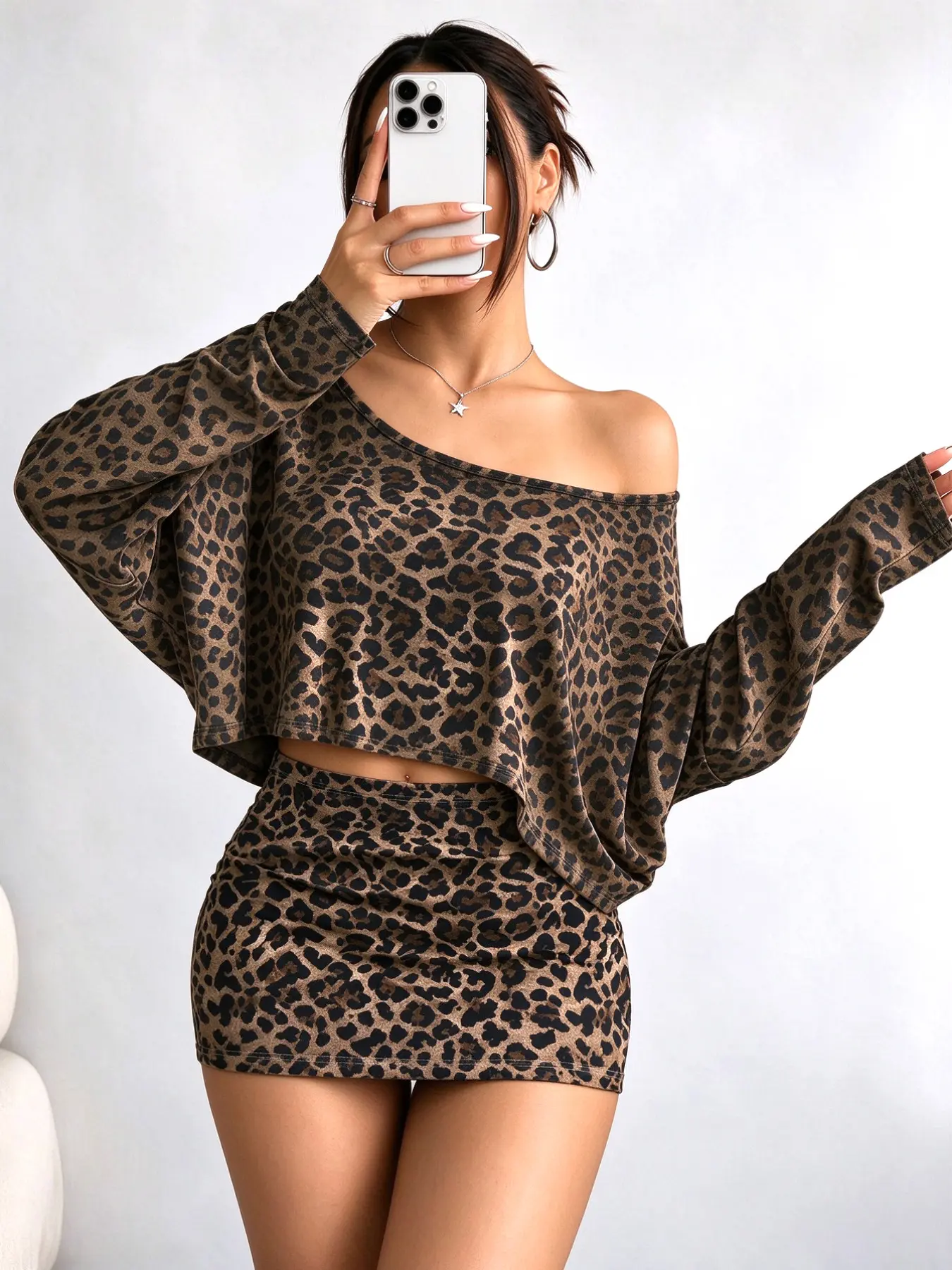 Vintage Leopard Print Two-Piece Set, Classic Base, Diagonal Wear, Loose Long Sleeve, Short Top with Skirt, Casual for Shopping Chic