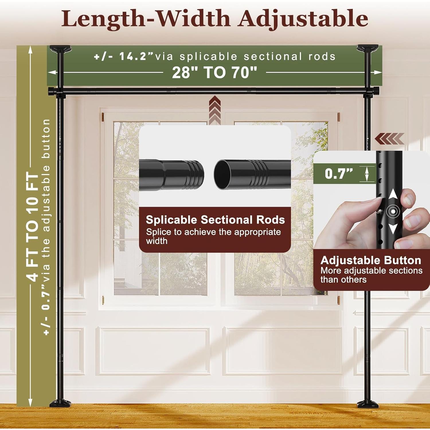 Room Divider for Room Separation, Tension Curtain Rods No Drilling, 4-10ft(H) 28-70inch(W) Adjustable Temporary  Wall Divider, Heavy Duty Freestanding Space Partition Separator, Black