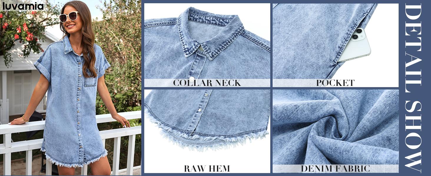 luvamia Denim Dress for Women Button Down Short Sleeves Casual Summer Jean Shirt Dresses with Pockets Frayed Hem Womenswear Shortsleeve Minimalist valentine's day outfit graduation dress birthday dresses