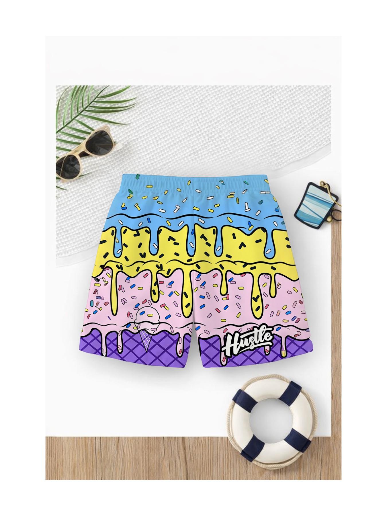 Summer Boys' Ice Cream Melted Candy Print Drawstring Beach Pants, Kids Loose Fun Trendy Swim Shorts, Casual Cartoon Pattern