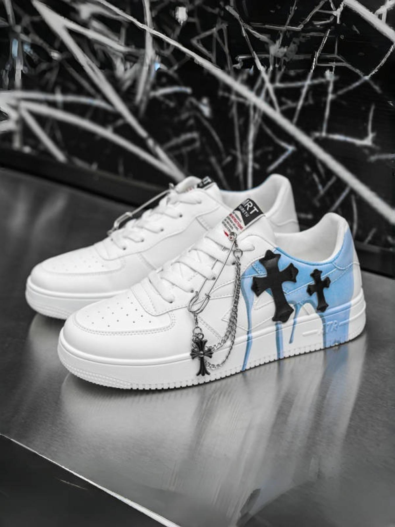 Men's Cross Decoration Low Top Trendy Sneakers Sports Shoes - Durable Upper+Rubber Outsole+Size 39-44 Men's Range Suitable for Daily Wear+Streetwear, Chain Detail Unique Design & Fashionable Eye-Catching