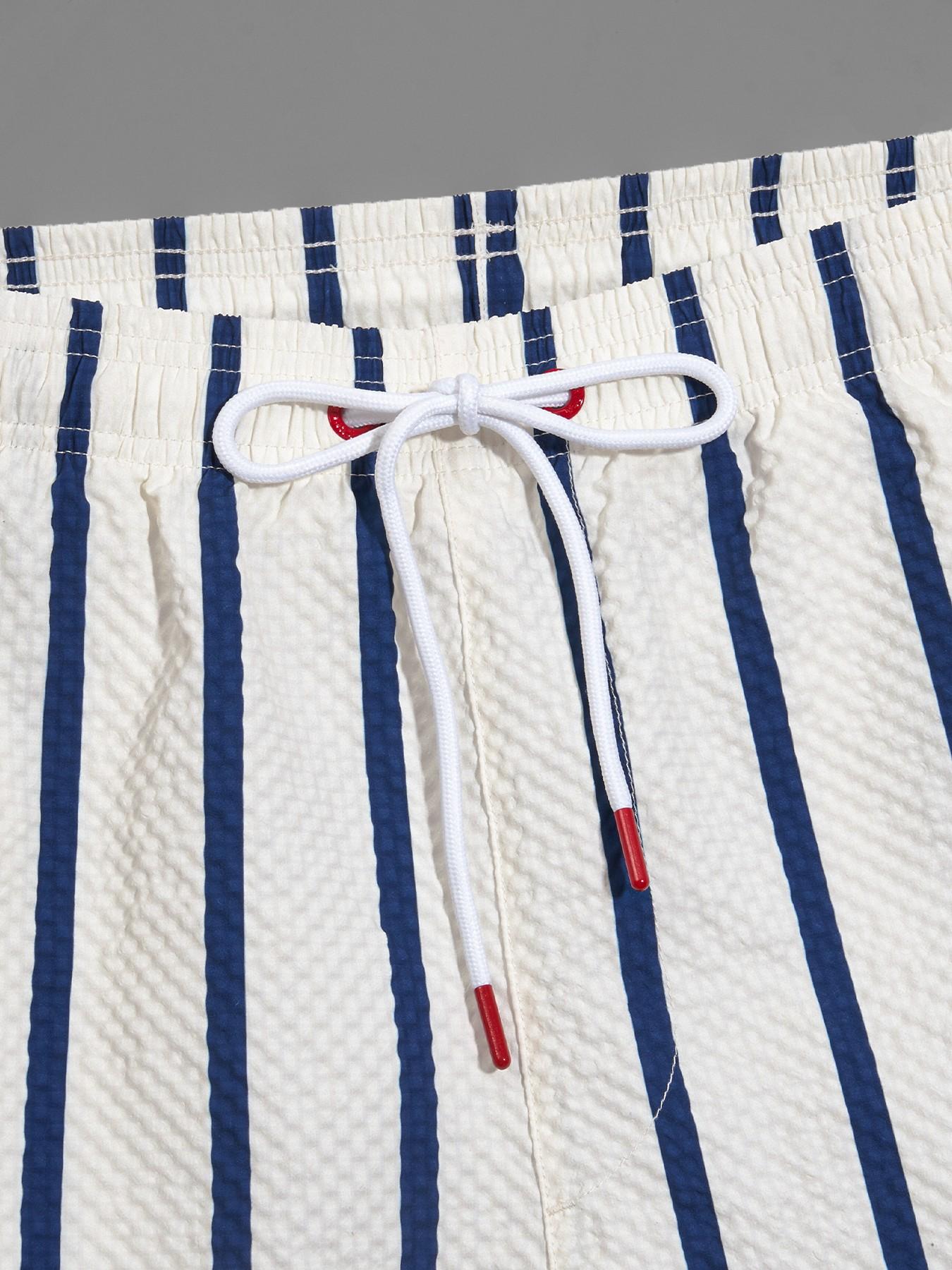 Men's Two-In-One Beach Shorts, Bubble Mesh Fabric, Classic Striped Swim Trunks, Casual Drawstring Waist, Short Length, Natural Waist