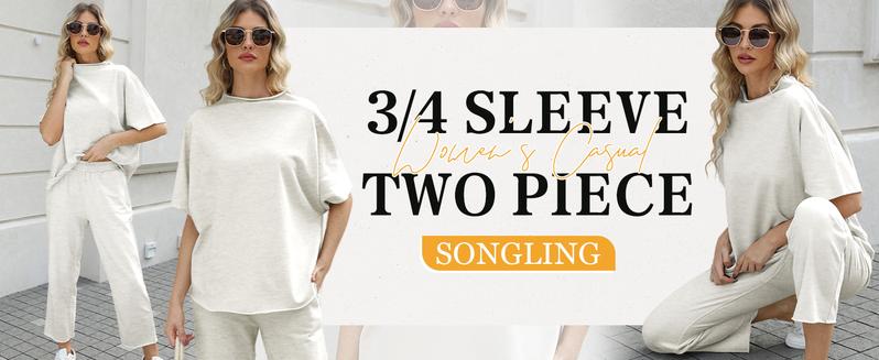 Songling Women's Casual Two-Piece Outfits 3/4 Batwing Sleeve Capelet CrewNeck Pullover Top & Wide Leg Pants Lounge Sets Sweatsuit Blazer Trouser Womenswear Clothes Gamis