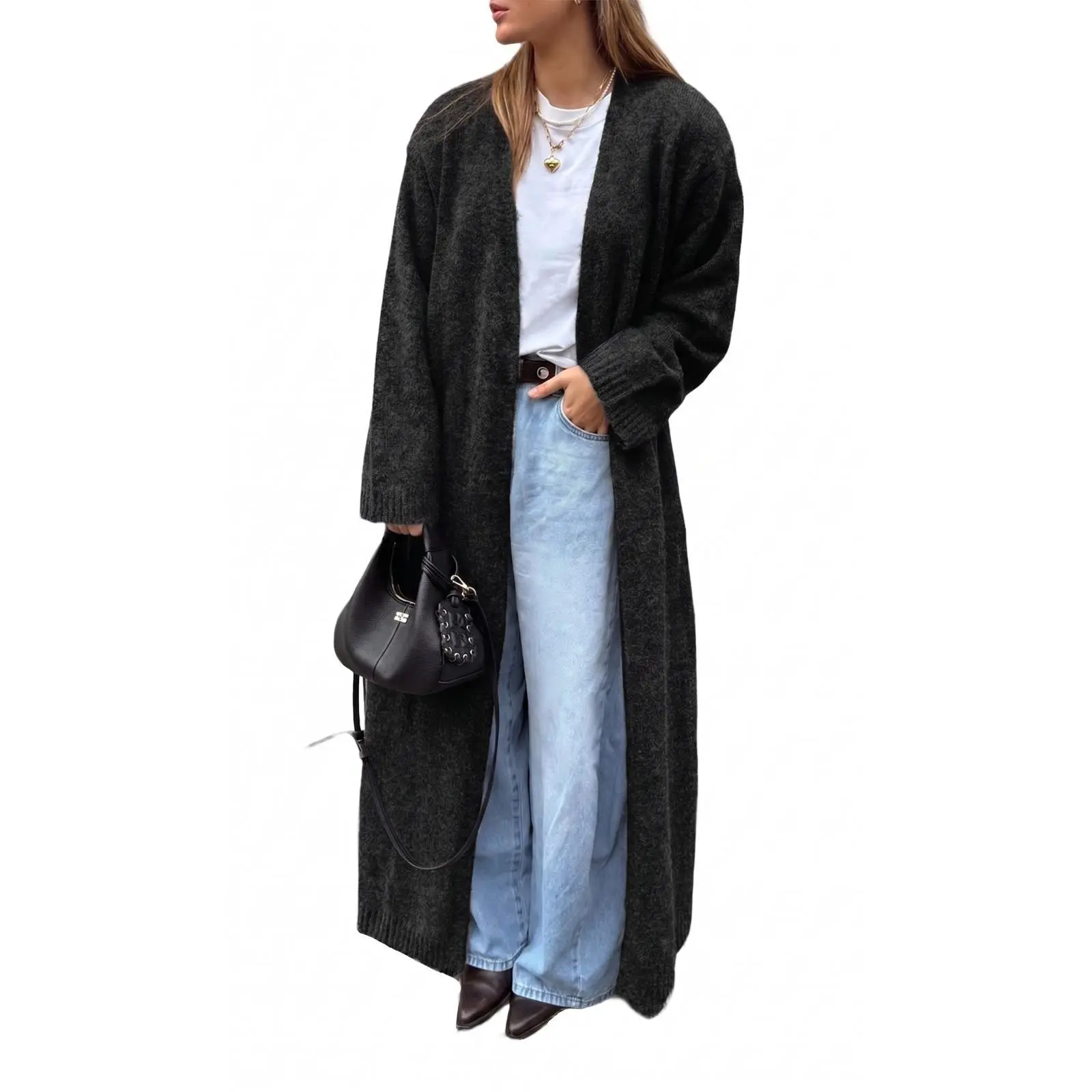 TANKANEO Womens Soft Knit Long Cardigan Sweater, Oversized Open Front with Self Belt Loose Casual Autumn Layering Coat