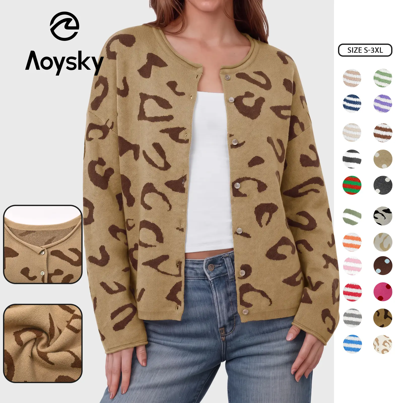 Aoysky Women's Casual Striped Collared Cardigan, Long Sleeve Lightweight Knit Open Front Button-Down Top with Pocket, Fitted, Plaid, Acrylic, Front Pocket, Knitwear, Rolled Edge Neckline, Sweaters, Full Sleeves, Fitted Cut, Longsleeves
