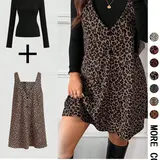 【Black Friday】Women's High Neck Inner Layer Top and Leopard Print Dress Set, Casual Daily Spring & Autumn Commuter Two-Piece Set
