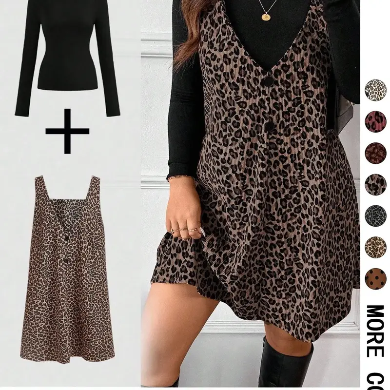 【Black Friday】Women's High Neck Inner Layer Top and Leopard Print Dress Set, Casual Daily Spring & Autumn Commuter Two-Piece Set