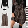【Black Friday】Women's High Neck Inner Layer Top and Leopard Print Dress Set, Casual Daily Spring & Autumn Commuter Two-Piece Set
