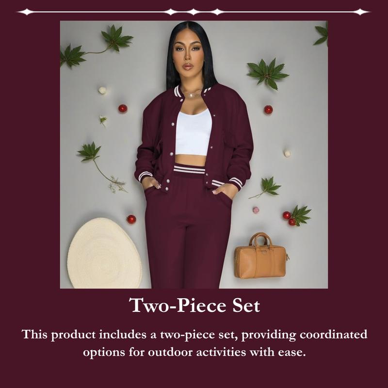 Women's Solid Color 2-Piece Athletic Sweatsuit Set, Baseball Jacket & Pocket Pants, for Outdoor Camping Sportswear