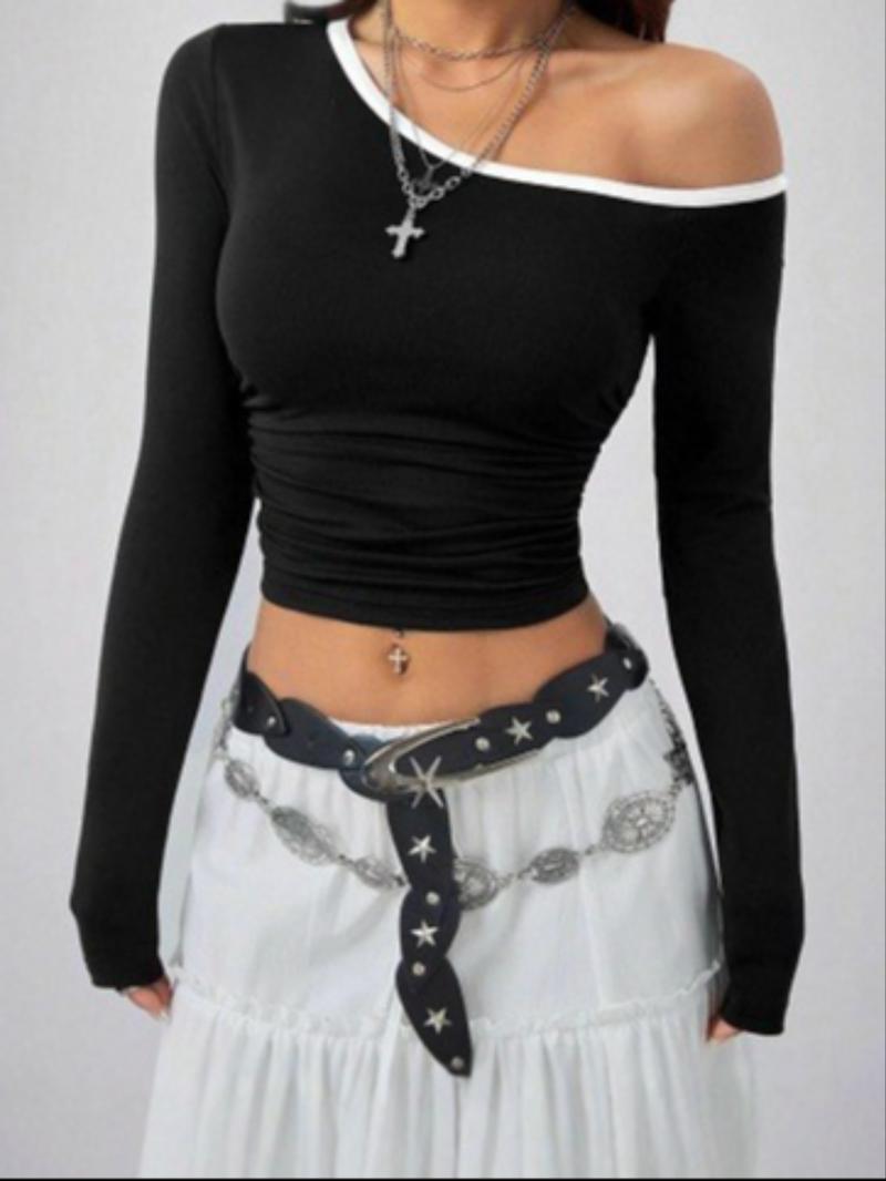 Women's Fashion Colorblock Asymmetrical Neck Off-Shoulder Slim Fit Long Sleeve Top, Stylish Casual Wear for Spring & Fall