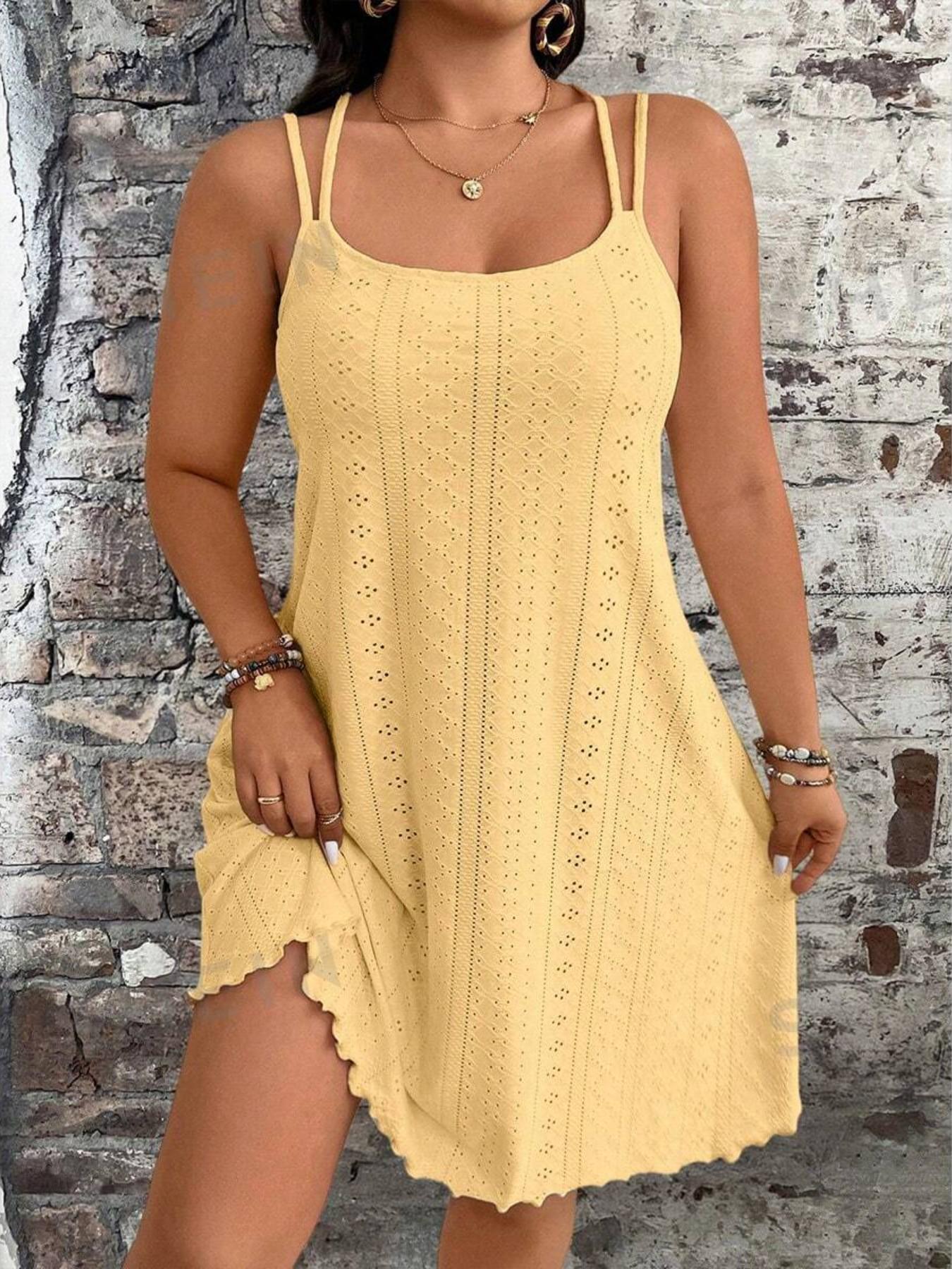 Plus Size Women's Lace Embroidered Thin Strap Mini Dress, Wood Trim Hem, Backless Y-Strap, Summer Loose A-Line Dress