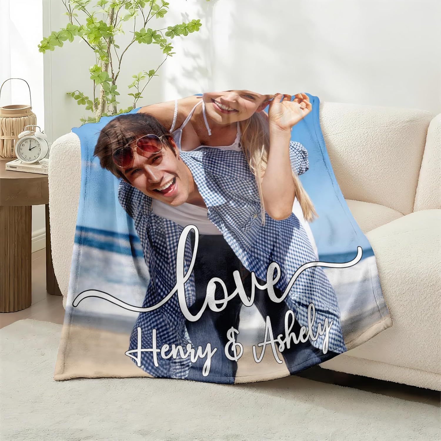Personalized Custom Photo-Text Double-Sided Polyester Blanket - USA-Printed, Multi-Size, All-Season Comfortable Throw, Him-Targeted Gift for Home Lounge (Christmas, Valentine’s Day)