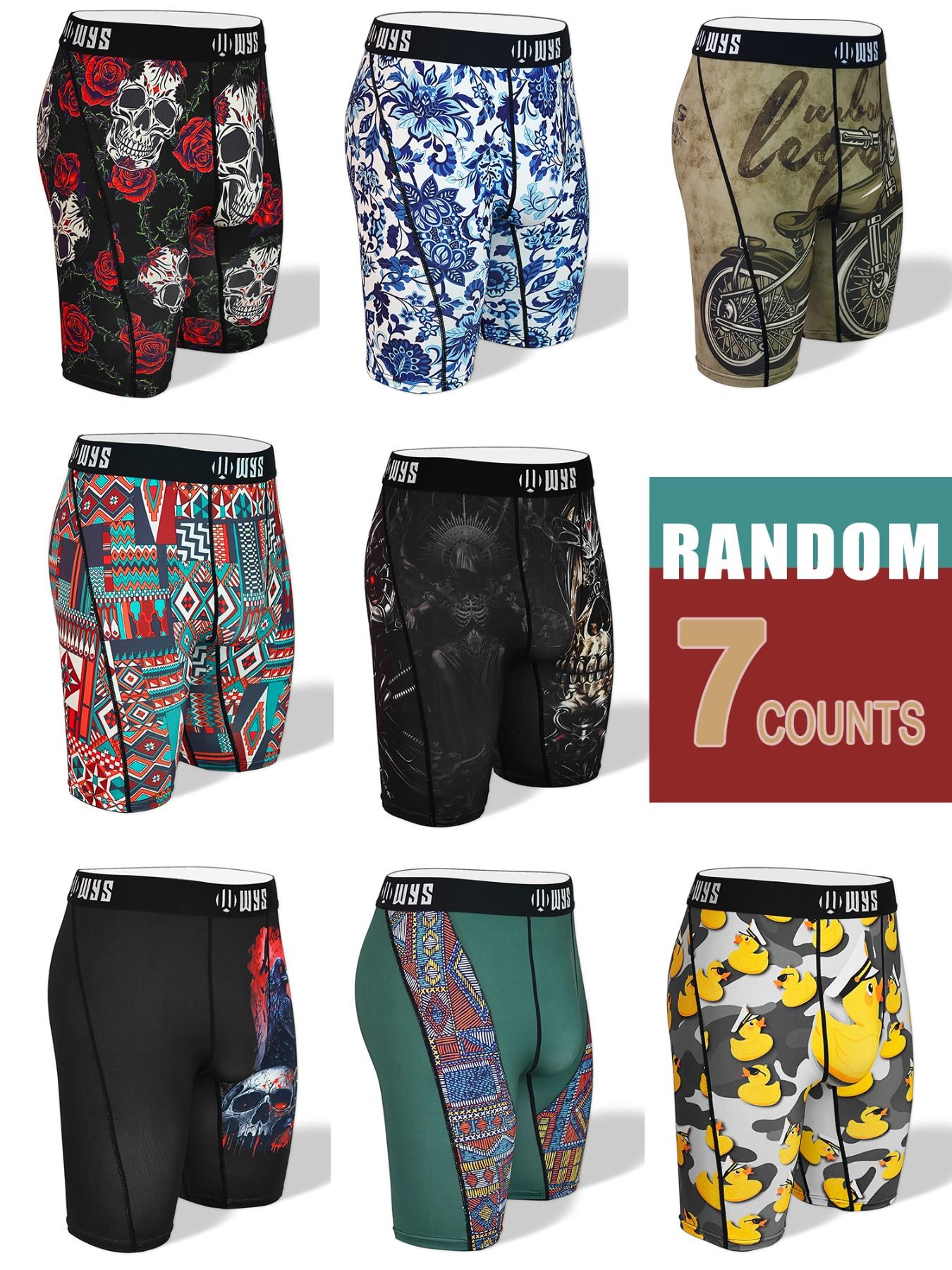RANDOM-7PCS,Men's 7-Pack Long Brief Underwear, Boxer Briefs, Moisture-Wicking, Anti-Chafing, Quick-Dry, Sporty, Halloween Prints, Comfortable, All Seasons