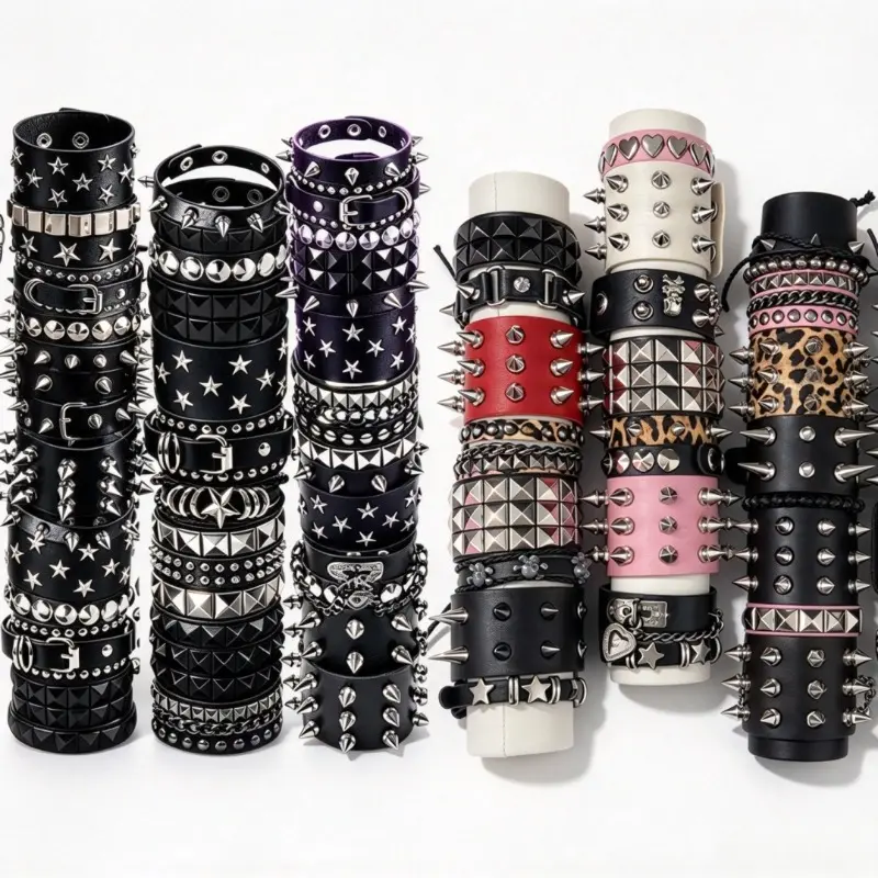 6/12/18-Piece Spiked Punk PU Leather Bracelet Set, Hip Hop Rock Gothic Cuff Wristband with Studs, Metal Rivets & Charms, Cool Biker Street Style Jewelry for Women & Teens
