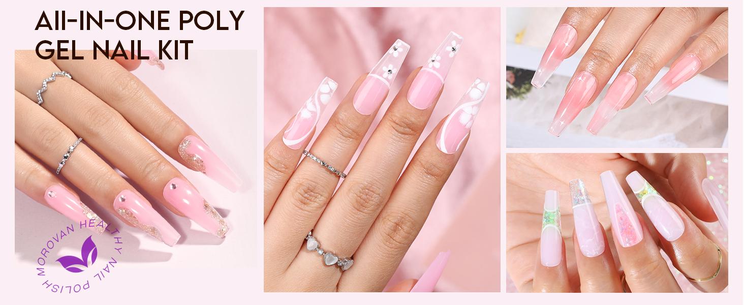 MOROVAN 1OZ 30g Poly Gel Nail Starter Kit: Large Capacity Poly Nail Gel Kit with UV Light - Clear Pink Poly Extension Gel for Beginners with Everything All In One Poly Gel Kits for Nail Manicure Starter