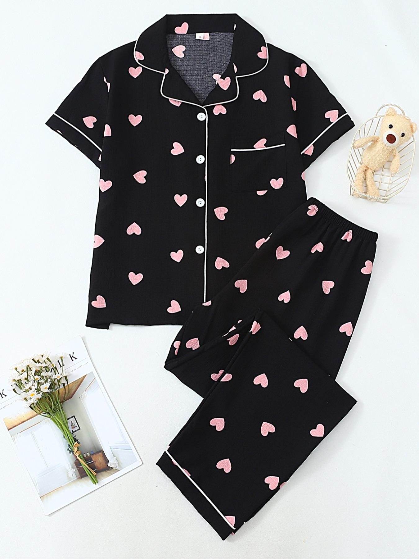Women's Two-Piece Pajama Set, Fitted Casual Comfortable Woven Lapel Pocket Heart Shirt Short Sleeve + Elastic Waist Home Pants, All-Season Sleepwear Loungewear