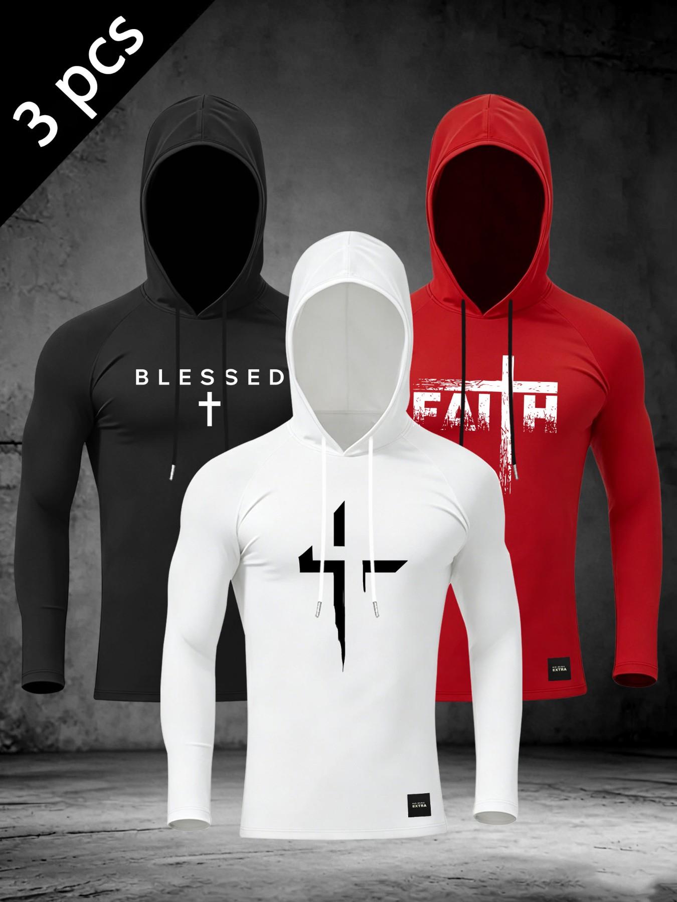 Men's Christian Faith Hooded Long Sleeve, Compression Fit Cross Print Athletic Shirt, Gym Workout Streetwear Top #ChristianAthletic #CompressionShirt #FaithInspiredGym #WorkoutHoodie #TikTokMadeMeBuyIt