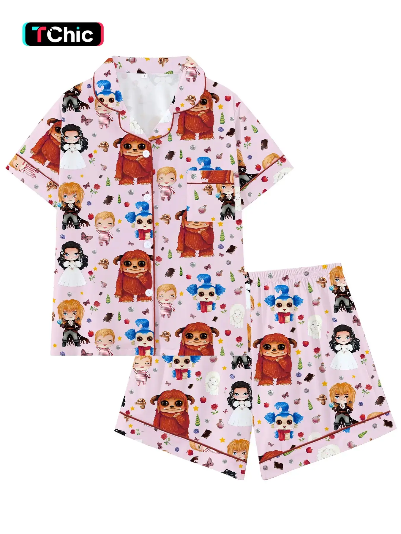 Teen Boys Labyrinth Cartoon Print Collared Pajama Set Two-Piece Button-Up Top & Shorts, Casual Homewear, Comfortable Wearable Party Sleepwear, All Seasons, Cartoon Pattern Pajamas, All Seasons Pajamas