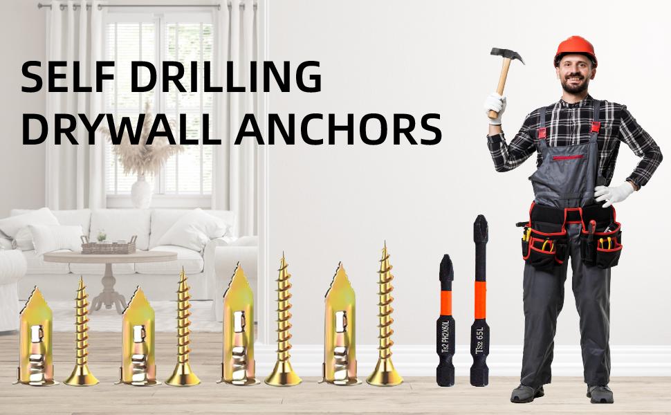 210 PCS Self Drilling with Screws Kit,105 PCS and 105 PCS Screws, Zinc-Plated - for Gypsum Board, Hollow, Picture Frames,etc.No Needed