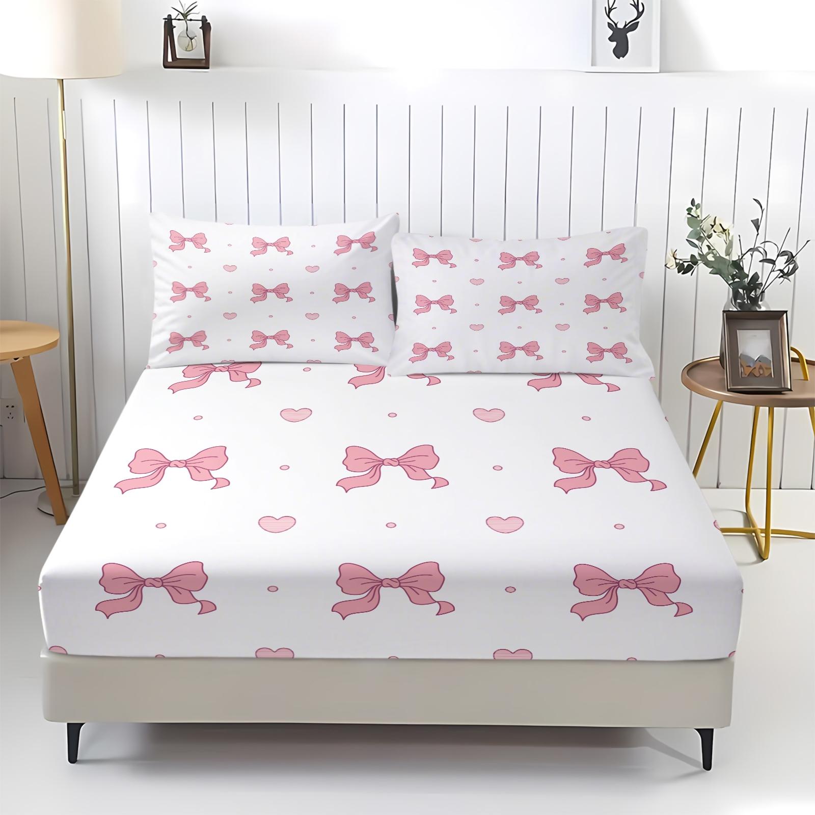 Pink bow bed sheet with comfortable printed pattern, including 1 bed sheet and 2 pillowcases, comfortable bedding, anti slip dust cover suitable for bedrooms and guest rooms, suitable for adult bedroom and guest room decoration gifts, Bed Sheets Set