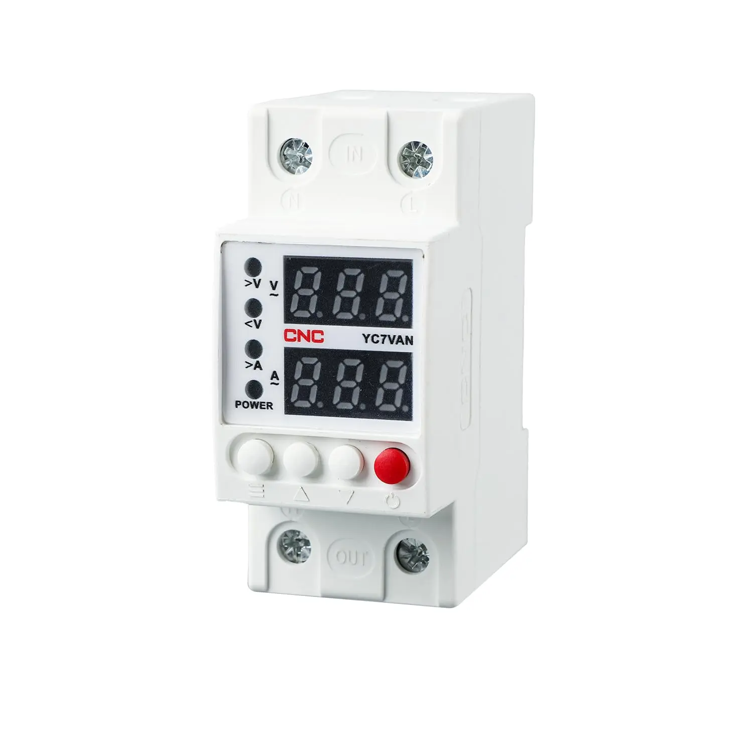Smart Circuit Breaker Overvoltage and Undervoltage Protector with Adjustable Voltage and Current. Low Cutoff: 80-210V, High Cutoff: 130-300V. Overcurrent Protector: 1-63A. DIN Rail Mountable.