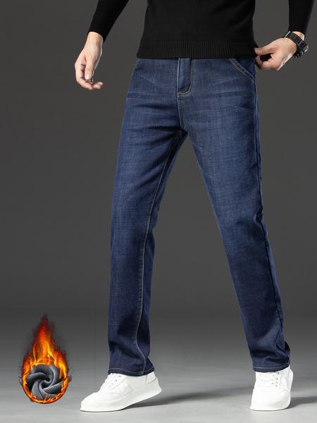 Men's Fleece Lined Denim Jeans, Loose Straight Leg Long Pants, Warm Fashionable Winter Washed Jeans, Casual All-Season Wear