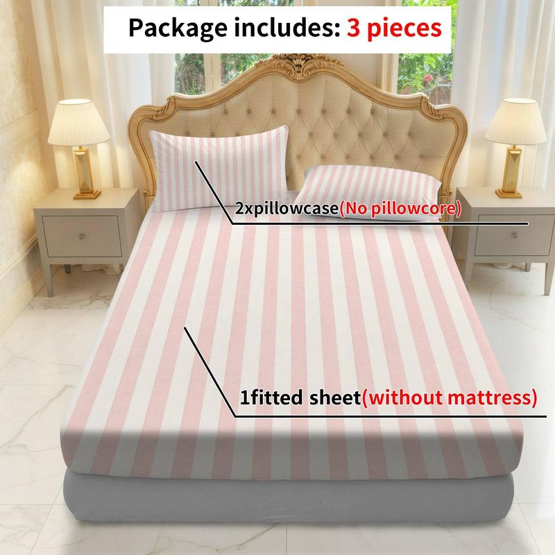 3Pcs Pink White Striped Fitted Sheet Three Piece Set (1*Fitted Sheet+2*Pillowcases, Coreless), Modern theme, Stripe Pattern Bedding Set, Mattress Protector Soft, Breathable