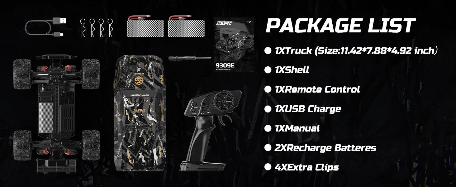 DEERC 9300 Remote Control Car High Speed RC Cars for Adults 1:16 Scale 40 KM/H 4WD Off Road Monster Trucks,2.4GHz All Terrain Toy Trucks with 2 Rechargeable Battery