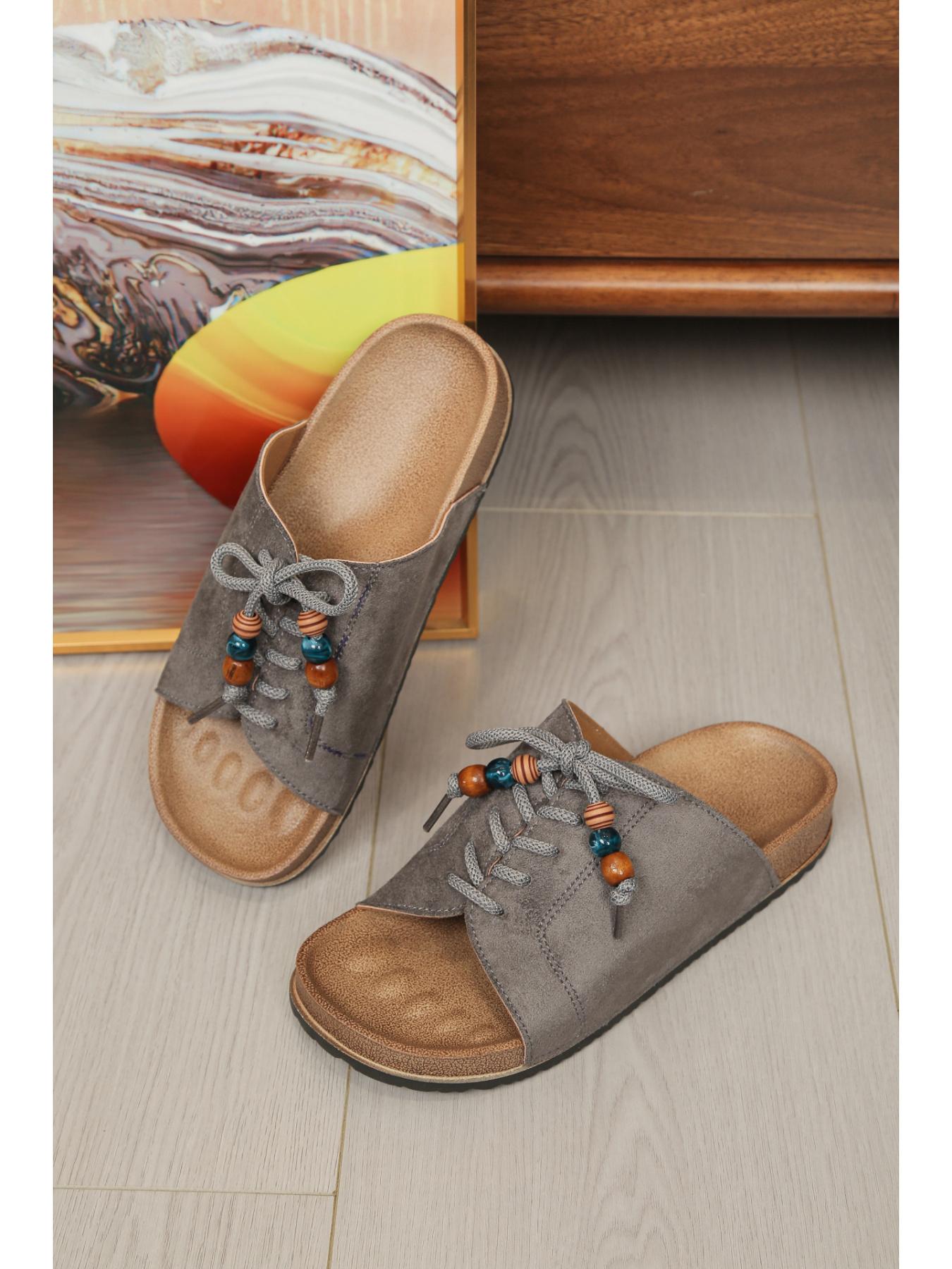 Women's Multi-Color Suede Cork Footbed Slides, Beaded Lace-Up Open Toe Mule Sandals, 2 Colors Available