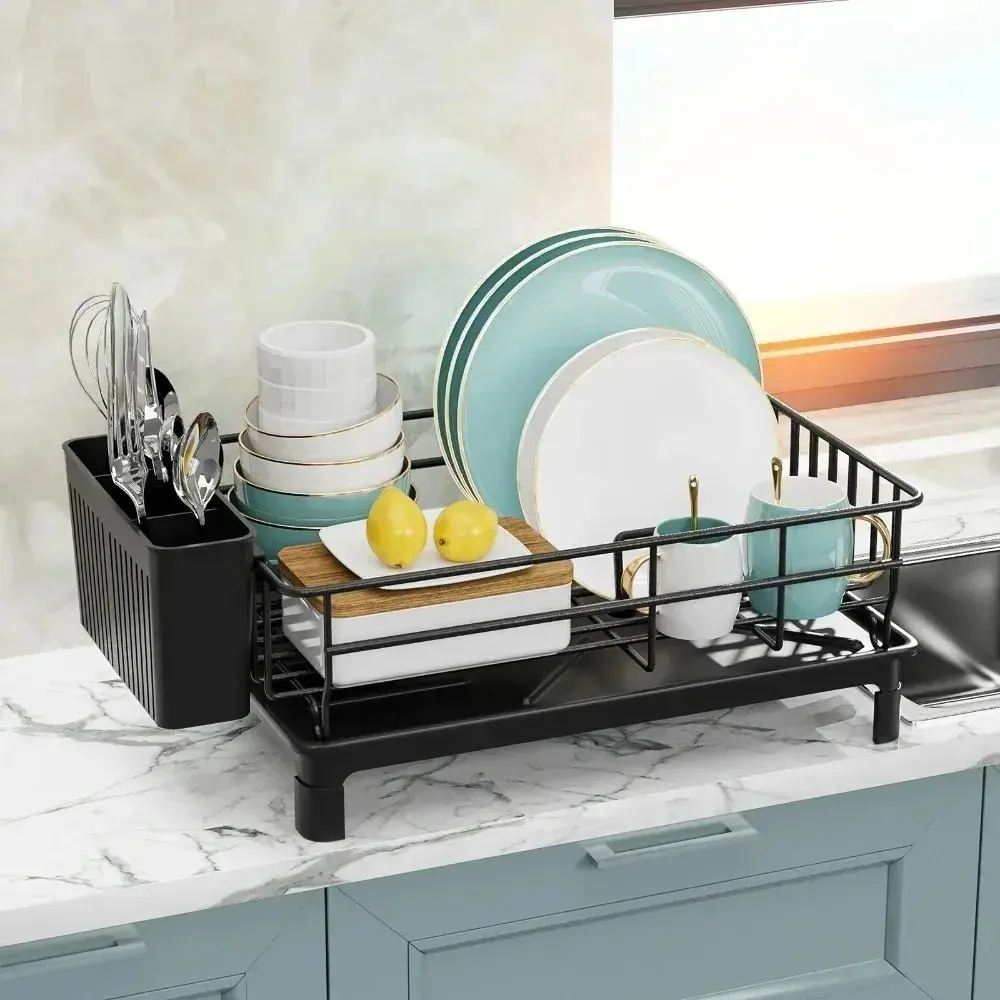 Rustproof Dish Drying Rack Kitchen Countertop Dish Rack Dish Drainer Organizer with Utensil Holder＆ Drain Board for Kitchen Sink