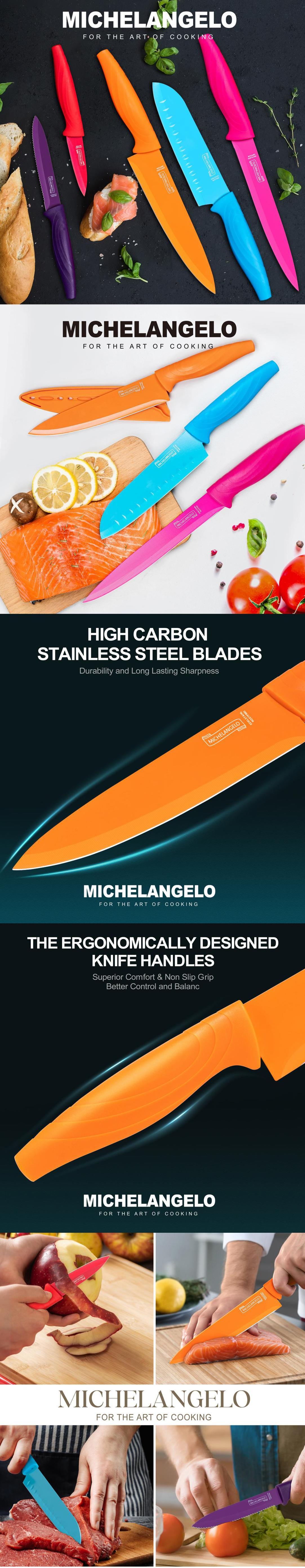 MICHELANGELO Knife Set, Sharp 10-Piece Kitchen Knife Set with Covers, Multicolor Knives, Stainless Steel Knives Set for Kitchen, 5 Rainbow Knives & 5 Sheath Covers