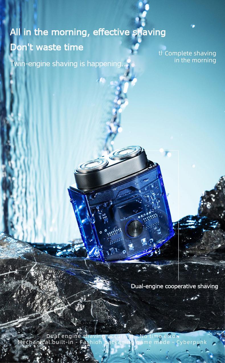 Product Introduction of electric shaver Portable transparent razor double engine mecha small electric razor set Outdoorfun Shaver Machine twin shaver men Black Upgraded 2