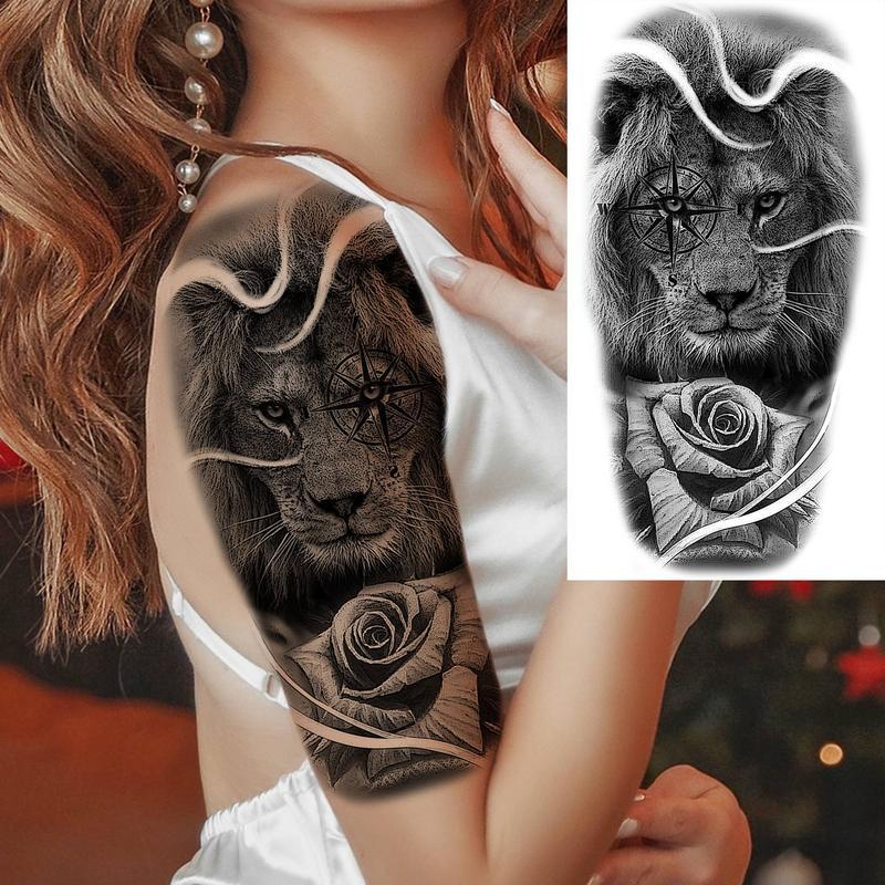 8pcs Half Arm Sleeve Skull & Rose,Animal Pattern Temporary Tattoo Sticker,Body Art Sticker For Women & Men