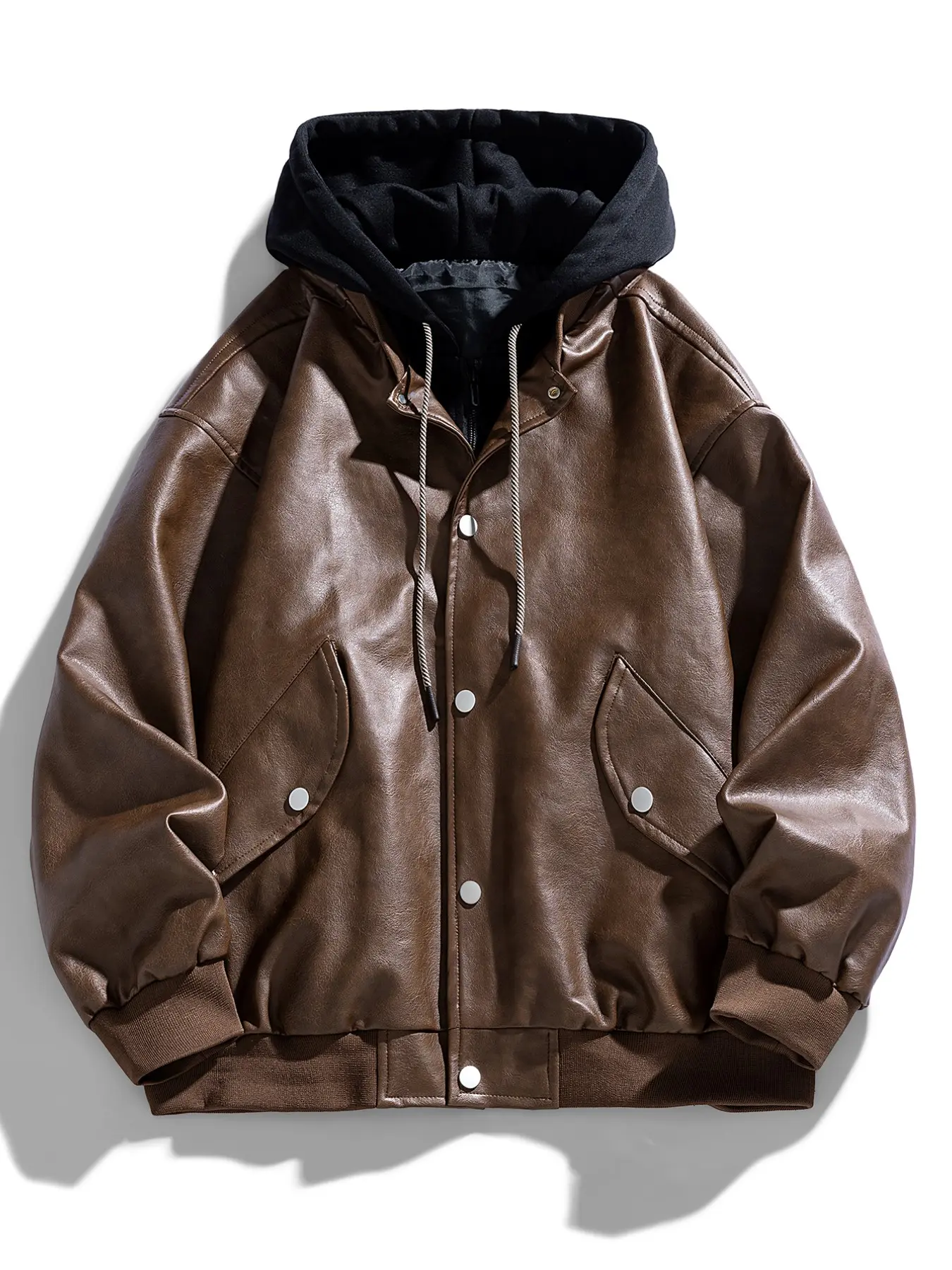 Men's Colorblock Hooded Brown Leather Jacket, Regular Fit Casual Motorcycle Coat with Large Pockets for All Seasons, Fashion Men's Clothes for Daily Wear, Tops, Casual Fashionable Jacket