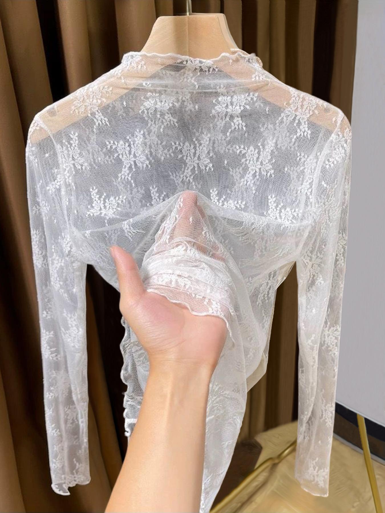 Women's Lace Long Sleeve Top, Lady, Half High Neck Design, Elegant Mesh Fabric, Perfect Inner Layer for Fall & Winter, Blouse, Womenswear