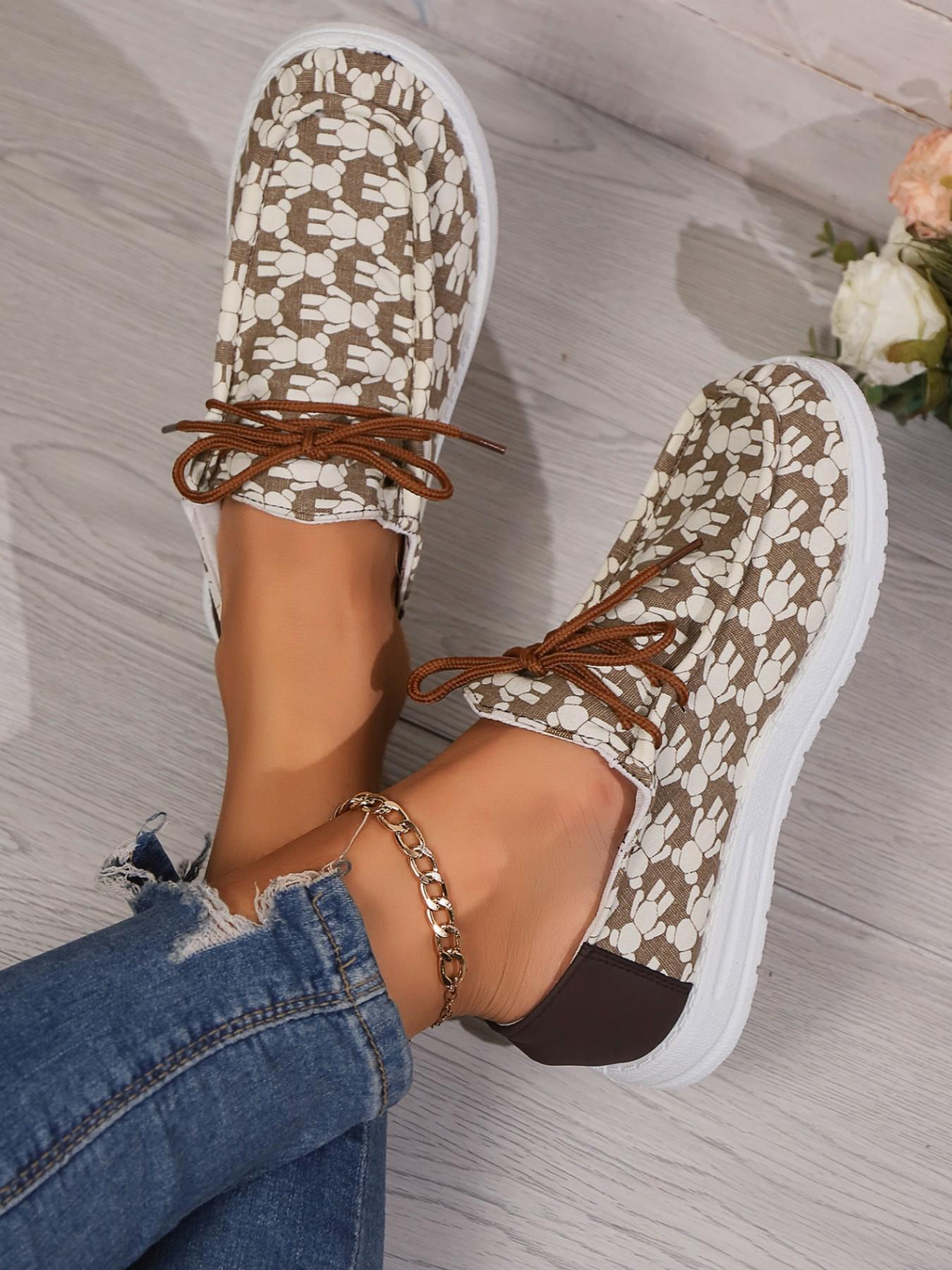 Printed Lace-Up Casual Shoes, Slip-On Loafers, Versatile Commuter Women's Shoes, Comfortable and Stylish Footwear for Daily Wear