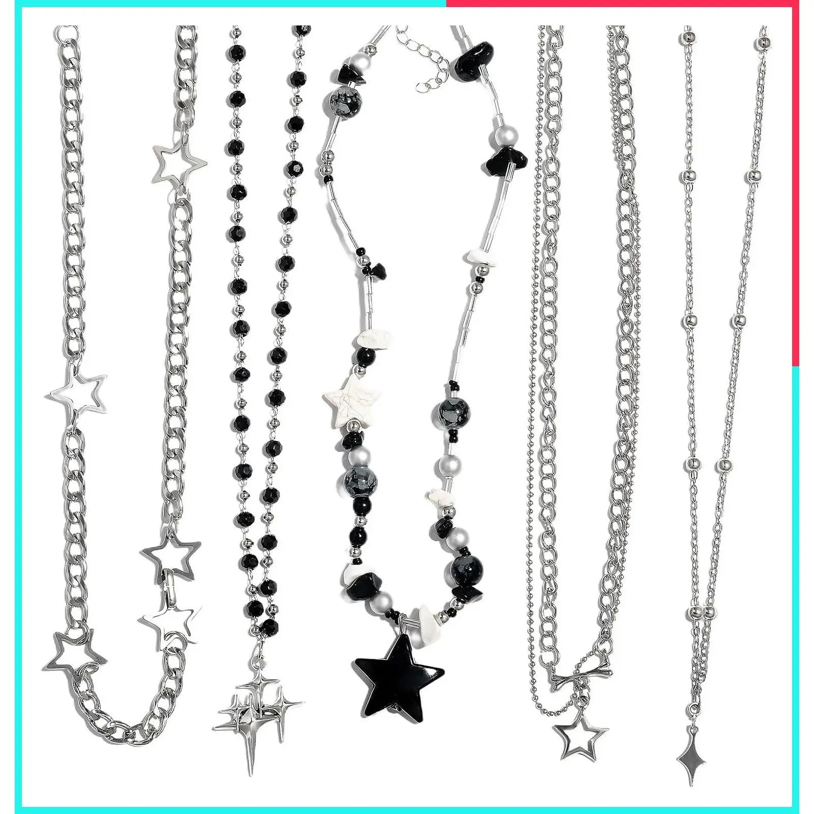 5PCS Y2K Gothic Necklace Set - Star Pendant, Beaded Silver Chain, Grunge Emo Jewelry Pack - Alt Accessories for Women - Fairy Grunge, Alternative, Goth & Y2K Jewelry