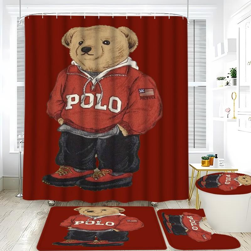 Vintage Bear Polo Shower Curtain Set, Home Bathroom Gift, Includes 12 Hooks, Non-Slip Bath Mat, U-Shaped Toilet Lid Pad