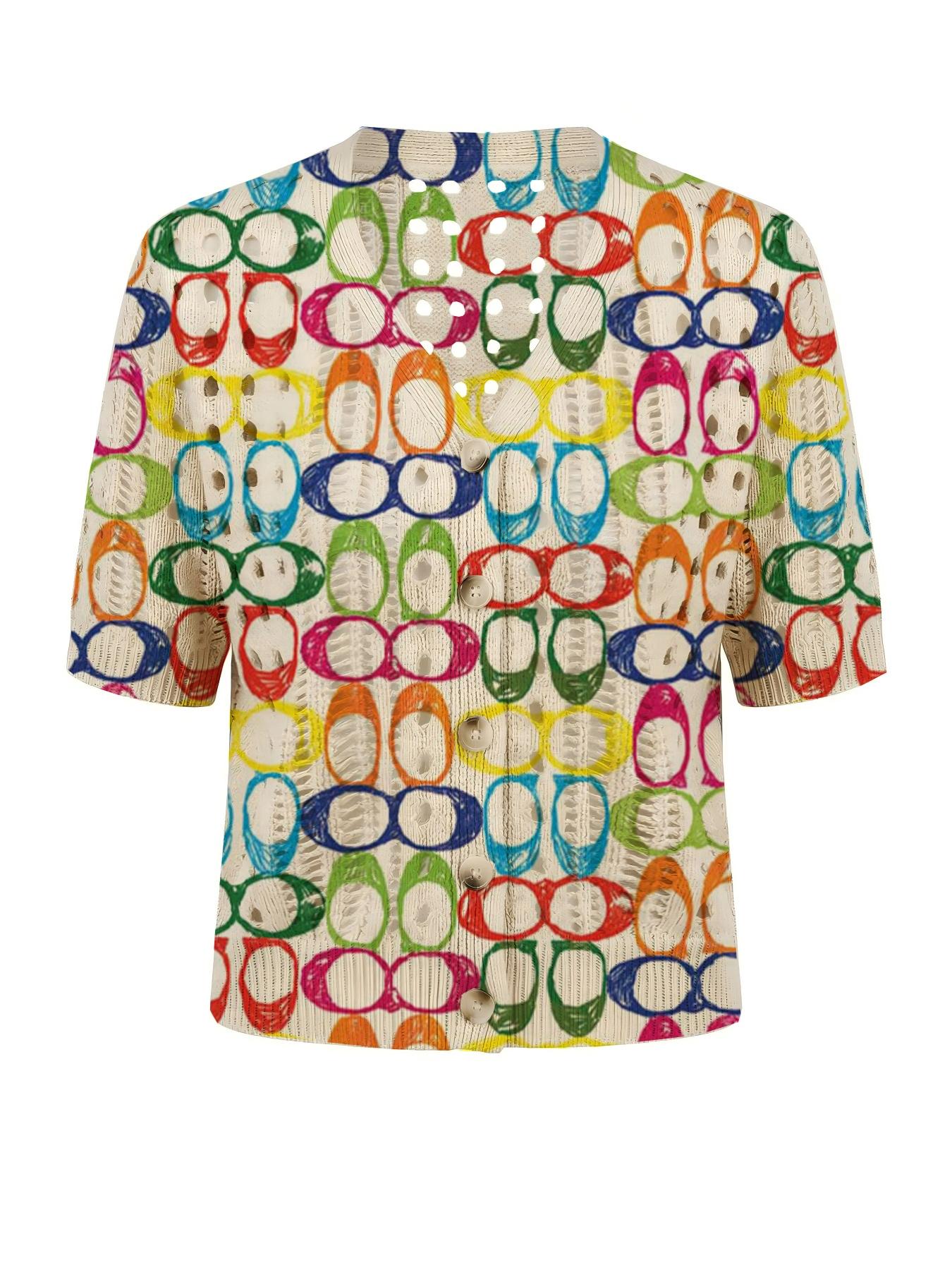 Elegant Women's Vibrant Colorblock Geometric Print Short Sleeve Knit Cardigan Button, Casual Breathable Top, Hollow Out Design, Beach Vacation Wear