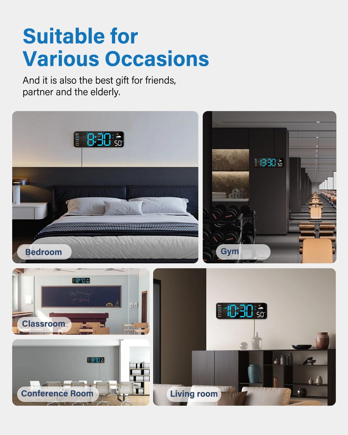 Digital Wall Clock, Digital Clock Large Display with Remote Control, Corded LED Alarm Clocks with Date, Week, Temp, Humidity, Auto DST, Countdown, Multifunctional Alarm Clock for Living Room Bedroom Classroom Office Home Goods Digital Clock Decor (Blue)