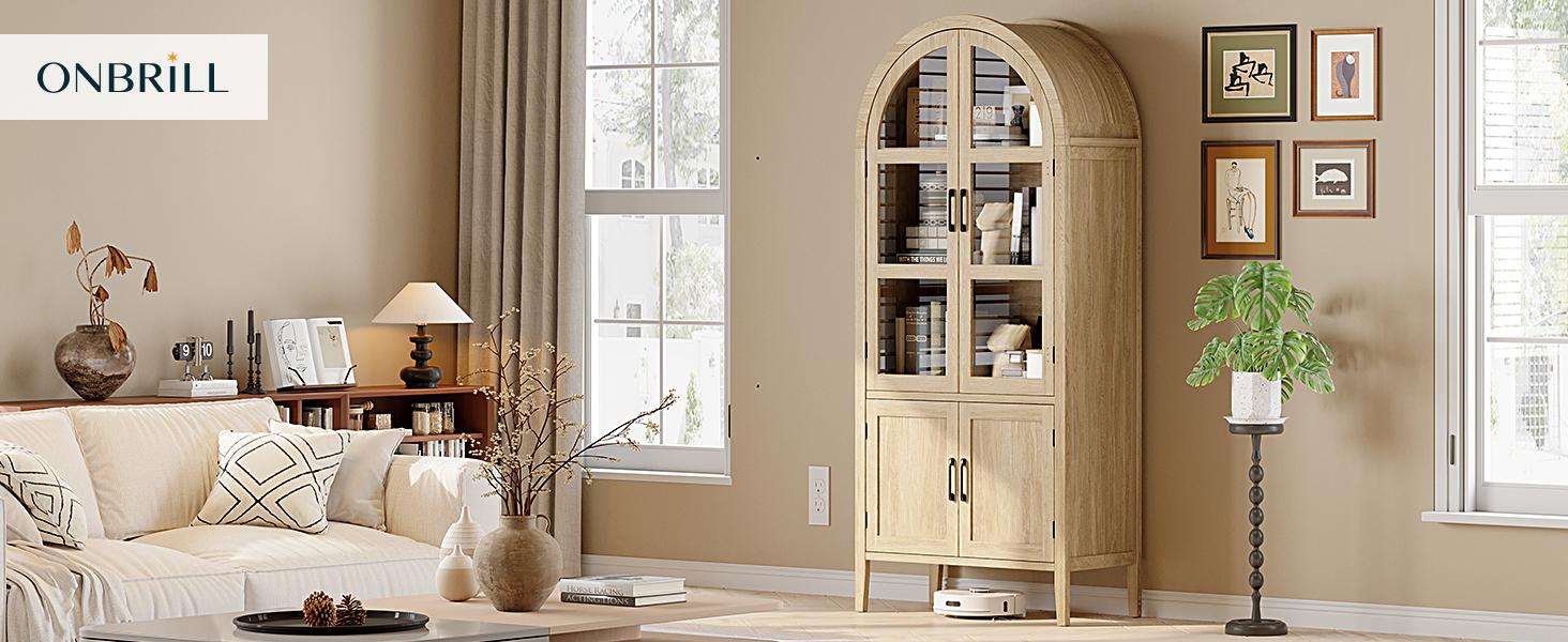 【SPOTLIGHT DAY】ONBRILL 71" Tall Arched Cabinet, 5-Tier Arched Kitchen Pantry with Glass Doors & Shelves, Modern Display Arch Cabinet with Adjustable Feet, Wooden Pantry for Living Room, Dining Room