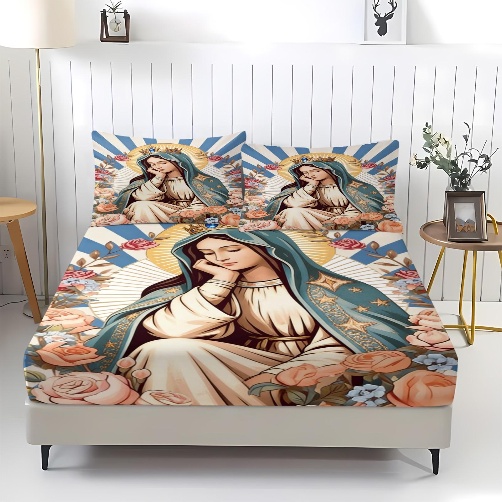 Guadalupe Virgin Mary Pattern Bed Sheet, Comfortable Printed Pattern, Includes 1 Bed Sheet and 2 Pillowcases, Comfortable Bedding, Non slip Dust Cover Suitable for Bedroom and Guest Room, Suitable for Children or Adults as Gifts