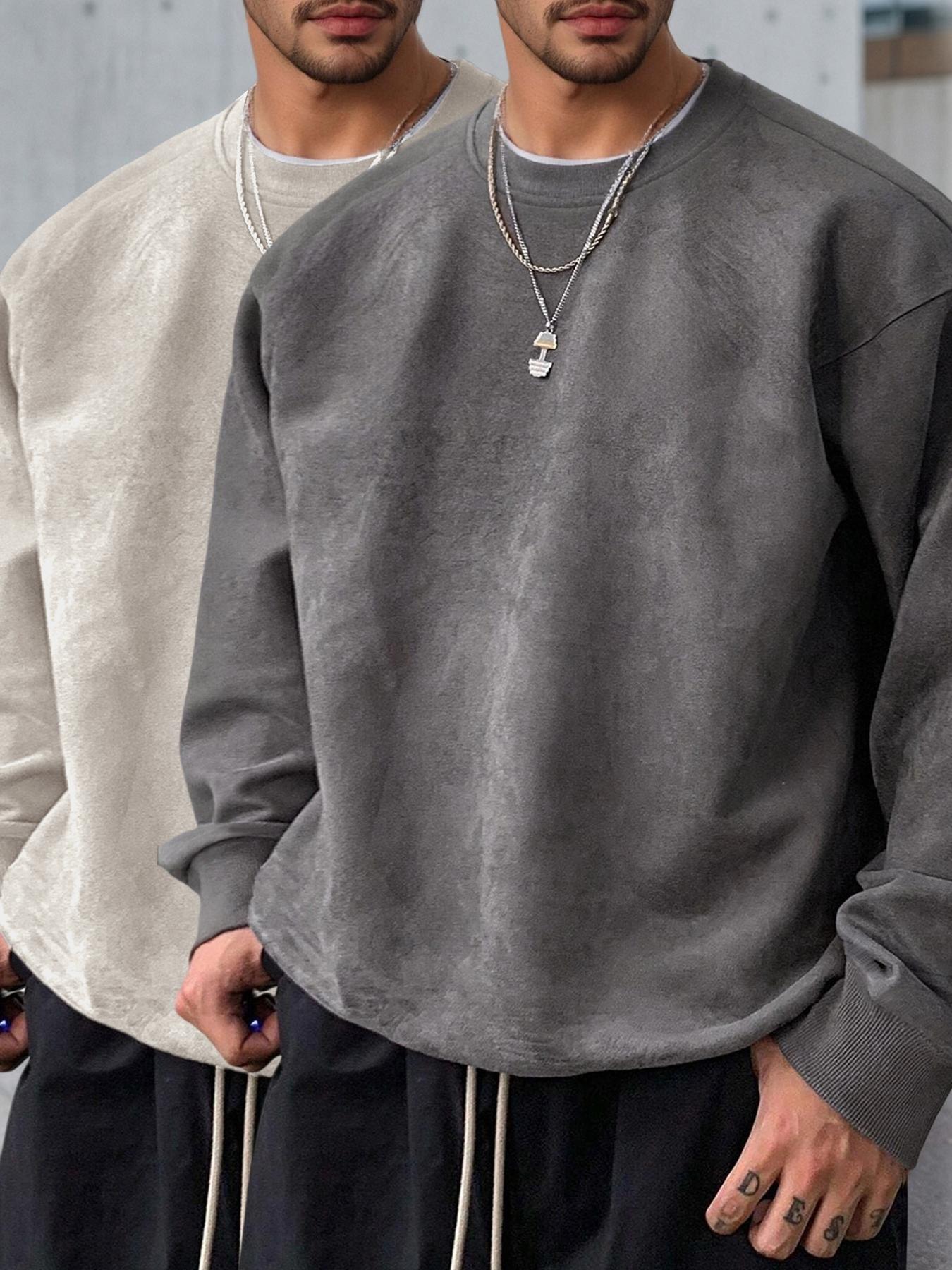 Men's Solid Color Plain Round Neck Drop Shoulder Long Sleeve Fleece Sweatshirt, Casual Fit for Fall & Winter, Comfortable Daily Wear