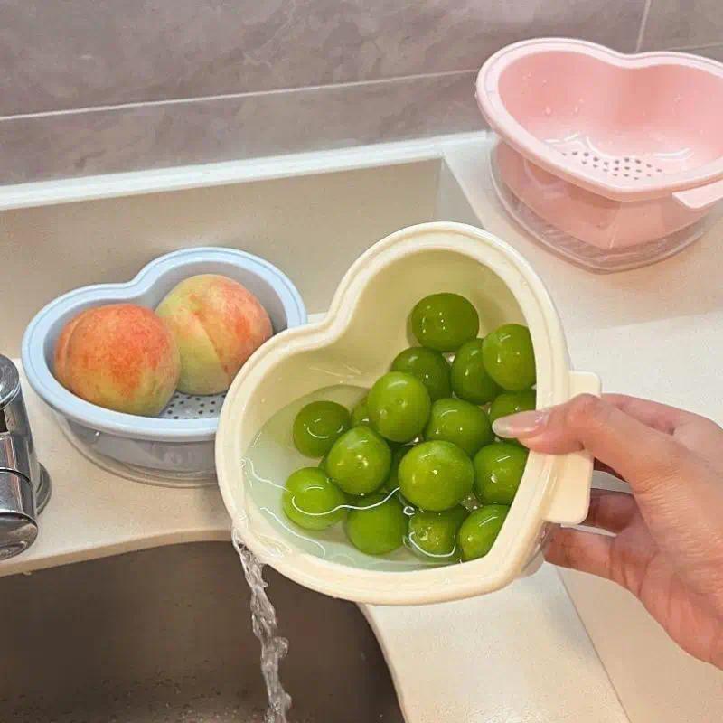 Heart-shaped Fruit Drain Basket Cute Cartoon Kitchen Drain Basket Household Vegetable Washing Basin Storage Basket